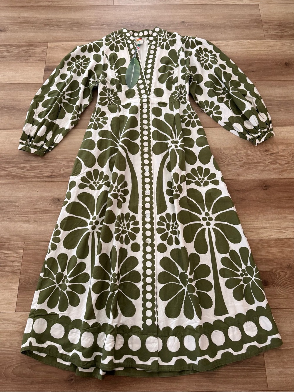 FARM RIO PALERMO OLIVE GREEN & BEIGE MAXI DRESS LARGE - Picture 1 of 8